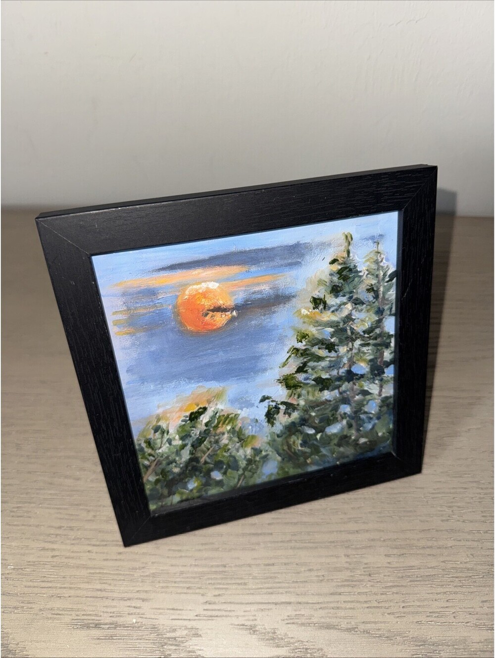 Original Art- Acrylic Forest Moonscape Scene Framed In Black 7”x7”
